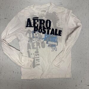 Aeropostale Men's White and Navy Long Sleeve Tee